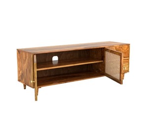 Mid-Century Modern Solid Wood <b>TV</b> Unit with Rattan Doors | Boho Media Console | Jodhpur Export - Product Image 3