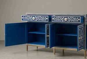 Handcrafted Bone Inlay <b>Console</b> <b>Table</b> Mediterranean Style <b>Blue</b> White Geometric Pattern Wooden Sideboard Entryway Storage Cabinet - Product Image 2
