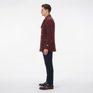 Best Selling 2026 Red Tartan Wool Blend Coats Double Breasted Blazer Customized Design <b>Peacoats</b> - Product Image 4