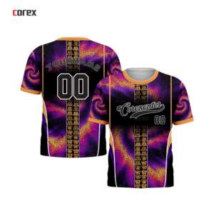 T-shirt de sport pour homme Corex, imprimé par sublimation, manches courtes, col rond, séchage rapide, coupe classique, motif violet et orange - Product Image 3