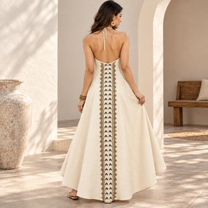 Ethnic Halter Cotton Maxi <b>Dress</b> | Women Tie Up Neck Embroidered High Low Hem <b>Boho</b> <b>Summer</b> Vacation Resort Casual Beach Long <b>Dress</b> - Product Image 3