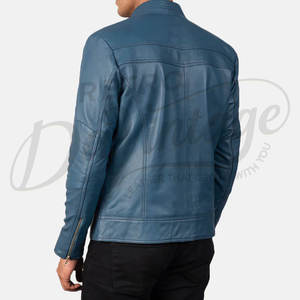 Veste en cuir véritable bleu turquoise pour homme, coupe ajustée, style motard, col montant élégant, manteau d'hiver urbain en cuir véritable - Product Image 2