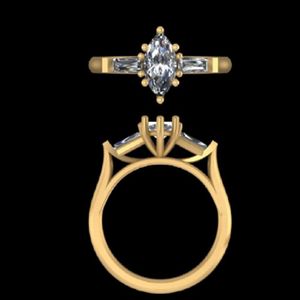 Anillo de compromiso con diamante talla marquesa y piedras laterales tipo baguette en oro amarillo de 14k y 18k, anillo de boda estilo vintage de seis puntas - Product Image 2