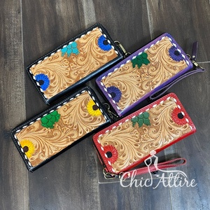 Hand Tooled Caring <b>Wallet</b> Clutch Genuine Leather Credit Card Phone Holder Floral Design <b>Zip</b> Type For Women's Western <b>Wallet</b> - Product Image 1