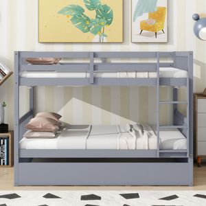 Cama litera de madera de caucho tamaño Full sobre Full con cama nido convertible, barandillas y escalera - Cama individual convertible en 2 camas de tamaño Full - Product Image 4
