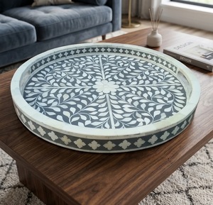 Bandeja Decorativa Redonda con Incrustaciones de Hueso, Plato para Servir con Incrustaciones Florales Hecho a Mano, Bandeja Decorativa de Madera para Mesa del Hogar - Product Image 1