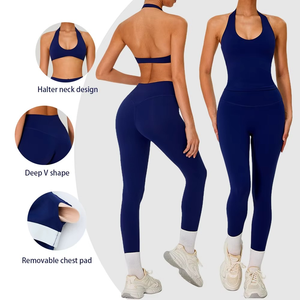 Conjunto de Yoga de 2 Piezas sin Costuras Color Rosa, Top Corto Tipo Halter, Leggings Largos de Cintura Alta, Ropa Deportiva de Color Sólido - Product Image 5
