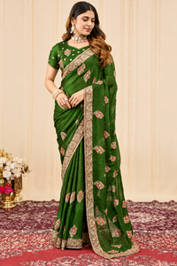 Vexotrend India Pakistan Premium <b>Velvet</b> Satin Traditional <b>Saree</b> for Women Embroidery Swarovski Wrinkle-Free Quick-Dry Wedding - Product Image 5