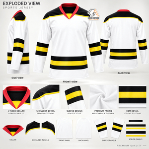 Fabrication directe d'usine, maillot de hockey sur glace unisexe personnalisé, imprimé par transfert thermique, broderie 3D, 100% polyester, coupe courte devant - Product Image 5