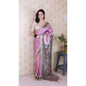 Sari en soie Tussar rose poudré Elite Weaves, imprimé Madhubani, avec bordure tissée Zari, 450g, pour tenue de soirée - Product Image 2