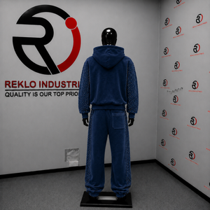 Conjunto de chándal de terciopelo azul marino para mujer, con sudadera con cremallera completa, pantalones de pierna ancha, dos piezas, con pedrería, estilo casual urbano, para correr - Product Image 4