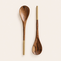 Juego de Utensilios para Ensalada de Madera de Acacia Ecológica Hechos a Mano de Lujo, con Asas de Latón Dorado, Cuchara y Tenedor Modernos para Servir, Uso Doméstico y Hotelero