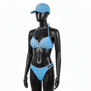 Conjunto de Bikini Azul Cielo de Tela de Nailon y Spandex Premium con Cristales, Logotipo Personalizado por Transferencia Térmica, Diseño de Panel con Tiras Laterales, Conjunto de Bikinis para Mujer - Product Image 4