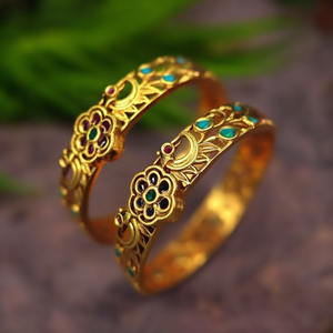 18K Gold Plated Brass and Wood Ethnic <b>Bangles</b> with Peacock Design - Product Image 3