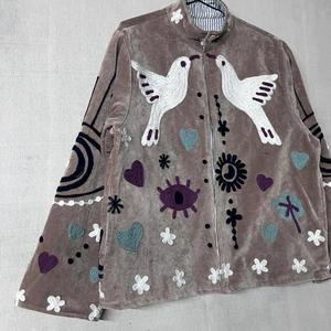 Bohemian Gray <b>Velvet</b> Embroidered Suzani Jacket With Floral And Bird Pattern Full Sleeve Stand Collar Bohemian <b>Women</b> Winter <b>Coat</b> - Product Image 4