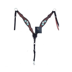 Western Black <b>Leather</b> Horse Headstall and Breast Collar Set with Turquoise Floral Inlay Tooled Tack Gear - Product Image 2