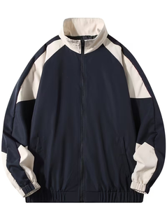 Men's Navy Color Blocking <b>Racer</b> <b>Jacket</b> Stand Collar Zipper Closure Breathable Polyester Autumn Sporty Style - Product Image 2