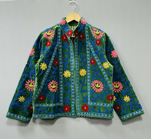 Bohemian Floral Embroidered Woven 100% Cotton Velvet Soft All Seasons Bomber Jacket Windproof Breathable Suzani Stand Collar - Product Image 1