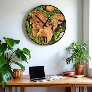 Olive Wood Clock with Real Moss Handmade Rustic Nature Wooden Moss Wall Clock Handmade Nature-Inspired Wall Decor Collection - Product Image 5