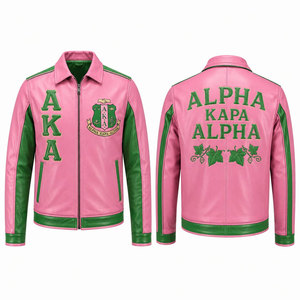 Chaqueta Bomber de Cuero PU Rosa Bordada con el Logotipo de Alpha Kapa Alpha AKA, Chaqueta Casual para Hombre con Cuello Camisero y Cierre de Cremallera - Product Image 1