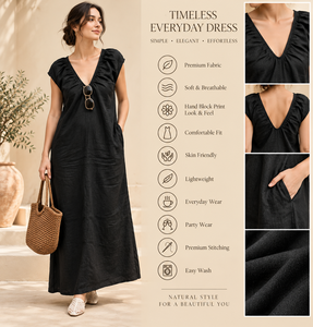 Robe longue en coton de créateur pour commande en gros - Noire, col en V, décontractée, simple, unie, respirante, manches courtes, taille naturelle - Product Image 3