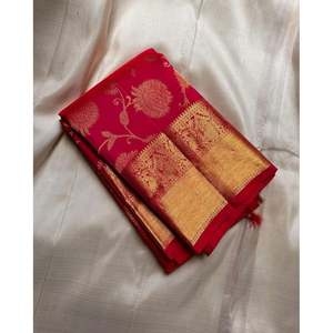 ผ้าทอสีทองผ้าไหมซาริทอส่าหรีจากนักออกแบบผ้าทอสีแดง - Product Image 1