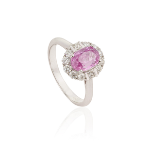 Bague de fiançailles luxueuse en saphir rose fin et halo de diamants, faite à la main en or blanc 18 carats, bijoux personnalisés, best-seller - Product Image 3