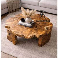 Table basse convertible en bois massif, racine de teck rustique, plateau blanc, table centrale unique, salon, salle à manger, usage domestique, ensemble de meubles