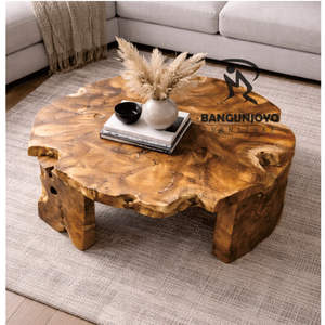 Mesa de Centro Convertible de Madera Maciza de Raíz de Teca Rústica con Tapa Blanca, Mueble Único para Sala de Estar, Comedor y Hogar - Product Image 3