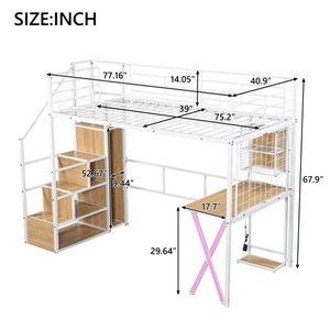 Letto a soppalco in metallo per bambini, singolo, con LED, scrivania bianca, armadio integrato e scala contenitore - Product Image 3