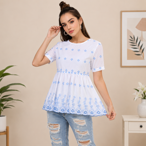 Blusa Peplum de Algodón con Estampado Floral Blanco para Mujer, Manga Corta, Cuello Redondo, Corte Holgado, Informal, para Primavera/Verano - Product Image 2