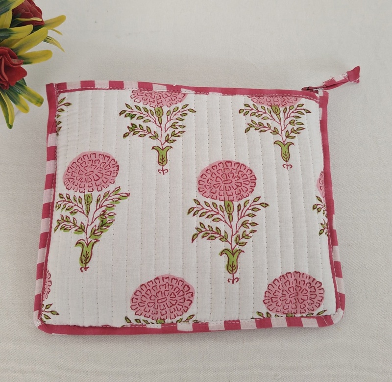 Elegant Quilted Cotton Pouch Handcrafted Pink