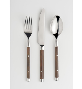 Couverts rustiques modernes en acier inoxydable et bois avec couteau, fourchette et cuillère, manches en bois brun - Product Image 2