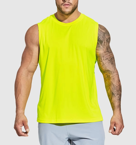 Men's <b>Neon</b> <b>Yellow</b> Sleeveless Tank <b>Top</b> O-Neck Breathable Quick Dry Solid Color Smart Casual Cotton Knitted Workout Shirt - Product Image 5