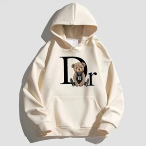 Sweat-shirt à capuche crème pour femme avec imprimé ours et lettres, manches longues, tricoté, décontracté, pour l'automne - Product Image 1