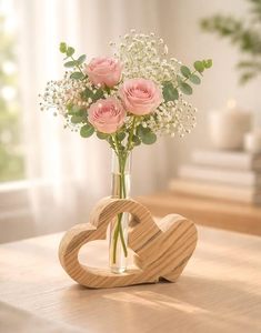 Jarrón de Mesa Rústico Art Deco en Forma de Corazón de Madera para Decoración del Hogar - Product Image 1