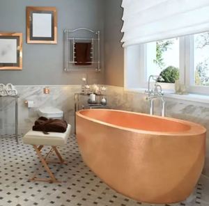<b>Bathtub</b> Copper <b>Metal</b> Soaking Tub with Floor Mounted Faucet for Bathroom Modern Oval Freestanding - Product Image 1