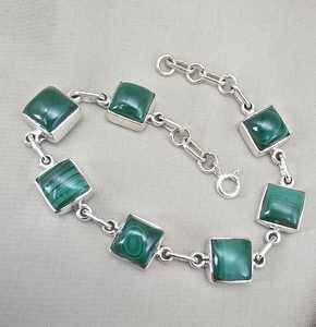 Pulsera de Eslabones Cuadrados de Plata de Ley 925 Chapada en Oro Clásico con Malaquita, Gema Verde, Joyería Hecha a Mano, Regalo - Product Image 4