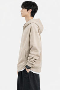 Sudadera con capucha beige para hombre, media cremallera, informal, holgada, de manga larga, mezcla de algodón, moda de invierno y otoño - Product Image 3
