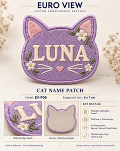 Parche de Lona Bordado con Cabeza de Gato Morado y Nombre Luna, Diseño Floral, Aplique Termoadhesivo para Ropa y Bolsos, Personalizable - Product Image 6