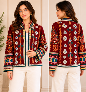 Suzani Embroidered Knitted Velvet Bomber <b>Jacket</b> Handcrafted Floral Boho Statement Wear Full Sleeve Autumn Outerwear - Product Image 1