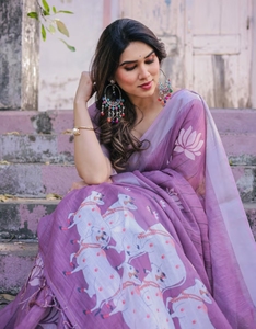 KV <b>Purple</b> Traditional Cotton Linen <b>Saree</b> with Unstitched Blouse for Party Wrinkle Free & Quick Dry - Product Image 3