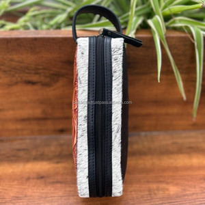 Nueva bolsa de cosméticos con cremallera de cuero mecanizada a mano personalizada, neceser de viaje occidental para Kits de Dopp de cuero genuino para mujer - Product Image 4