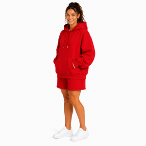 Women's Red Hooded Sweatshirt Shorts <b>Set</b> Cotton Fleece Loose Fit Drawstring Pocket Casual Anti-Shrink Customizable Sports - Product Image 5