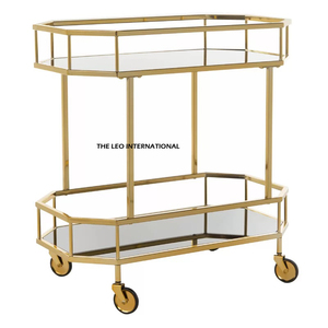 Chariot de service hôtelier moderne du milieu du siècle à 3 niveaux en bois avec cadre finition dorée et accents de mobilier commercial durable - Product Image 2