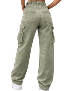 Jean cargo en denim vert olive taille haute à jambe large avec plusieurs poches, style urbain, coupe décontractée pour femme, personnalisable OEM - Product Image 2