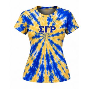 T-shirt Tie-Dye Bleu Jaune à Manches Courtes Col Rond Imprimé Graphique Décontracté en Coton pour Femme – Haut Tendance Estival Personnalisable - Product Image 1