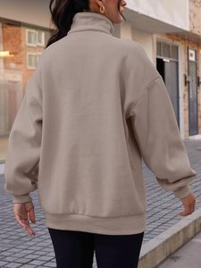 <b>Women</b> Oversized <b>Quarter</b> <b>Zip</b> Breathable Streetwear <b>Sweatshirt</b> Solid Color Drop Shoulder Long Sleeve Pullover Hoodie Pockets - Product Image 2