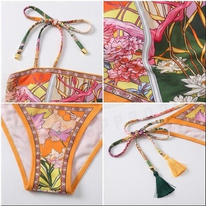 Floral Print 2 Piece <b>Bikini</b> <b>Set</b> With Tassel Detail Halter Top And Tie Side Bottoms Women's Swimwear - Product Image 4