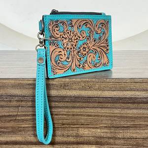 Nouveau Portefeuille-bracelet en cuir véritable luxueux à faible MOQ, avec gravure florale, style western, fermeture éclair, porte-monnaie et porte-cartes pour femme - Product Image 2